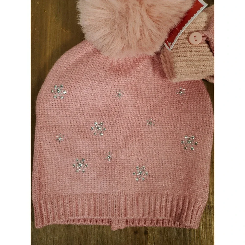 Rhinestone Snowflakes Hat & Gloves Set - Rose Open Finger Texting Women's NEW